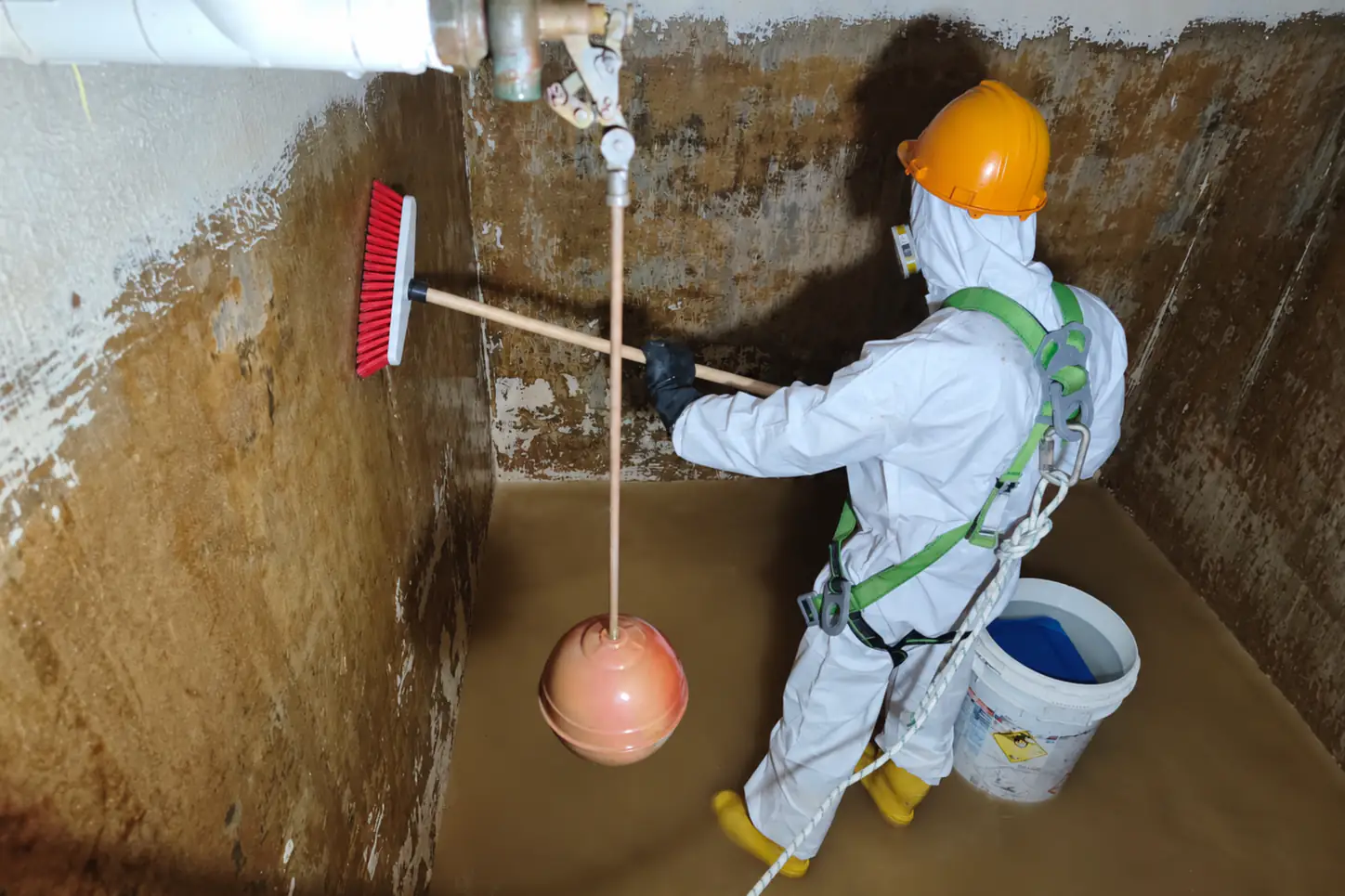 Técnico de SEPPSA con traje Tyvek, arnés y línea de vida cepillando la pared interior de un tanque de agua